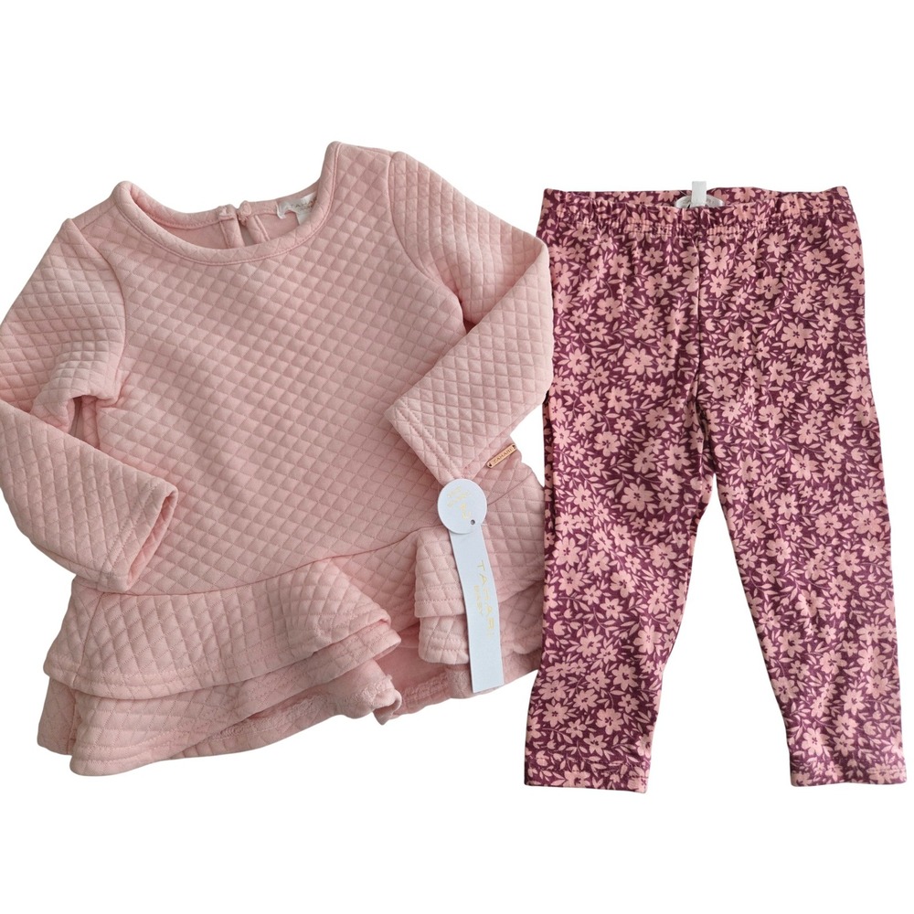 Tahari Baby Girls 2 Piece Set Pink Quilted Peplum Top Floral Leggings 18M NWT‎